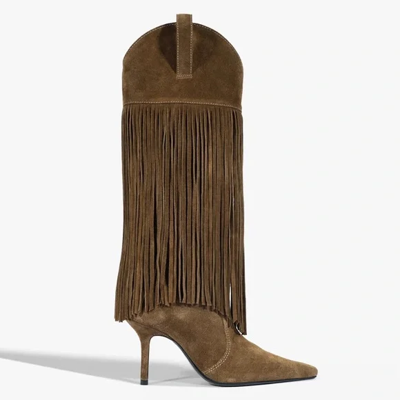 Schultz Brown Suede Fringe Heeled Boots - Picture 3 of 3